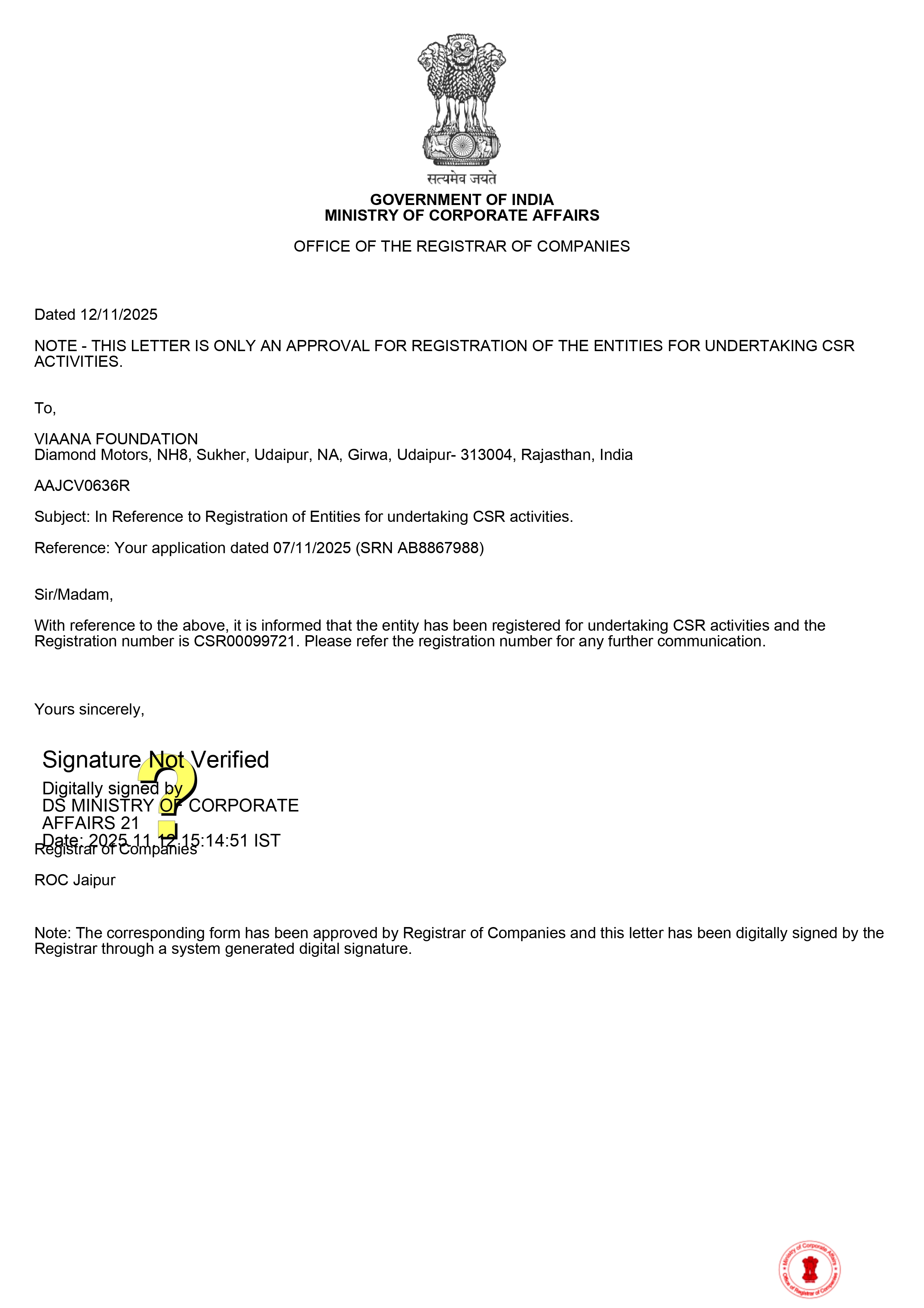 Approval Letter for Form CSR-1
